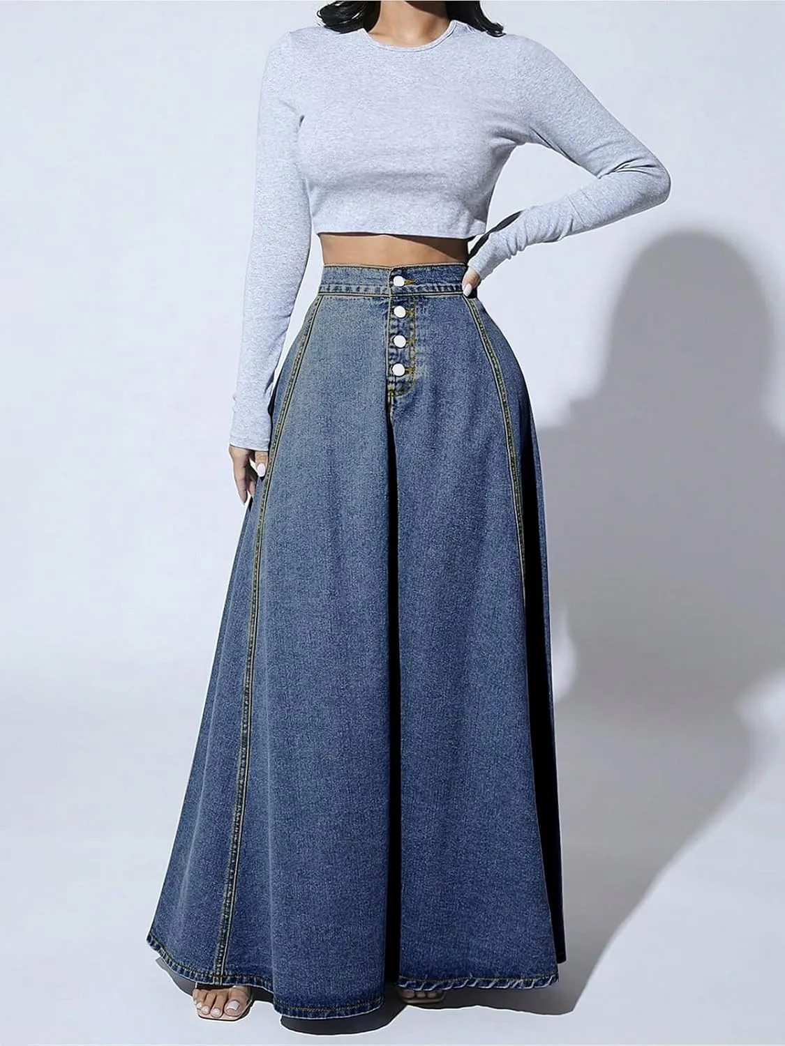 ebossy Women's Retro High Waisted Button Fly Flared Long Jean Skirts Pleated Flowy Swing A-line Denim Maxi Skirts