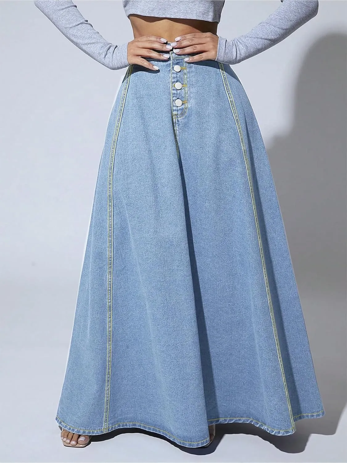 ebossy Women's Retro High Waisted Button Fly Flared Long Jean Skirts Pleated Flowy Swing A-line Denim Maxi Skirts