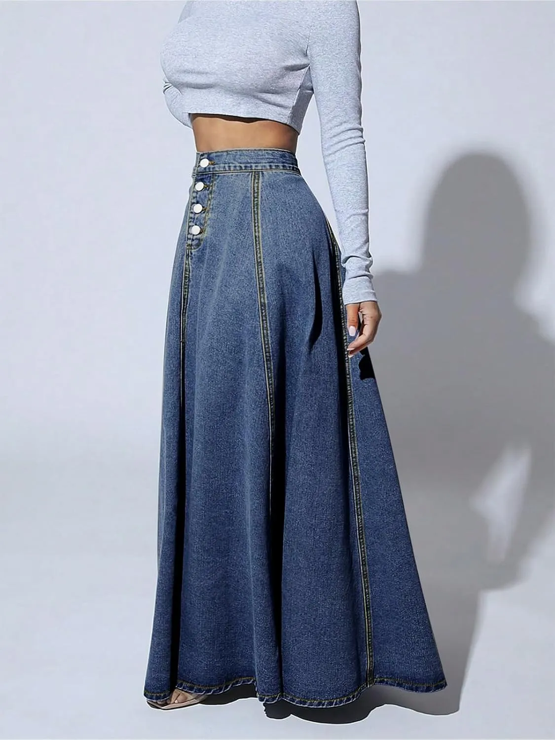 ebossy Women's Retro High Waisted Button Fly Flared Long Jean Skirts Pleated Flowy Swing A-line Denim Maxi Skirts