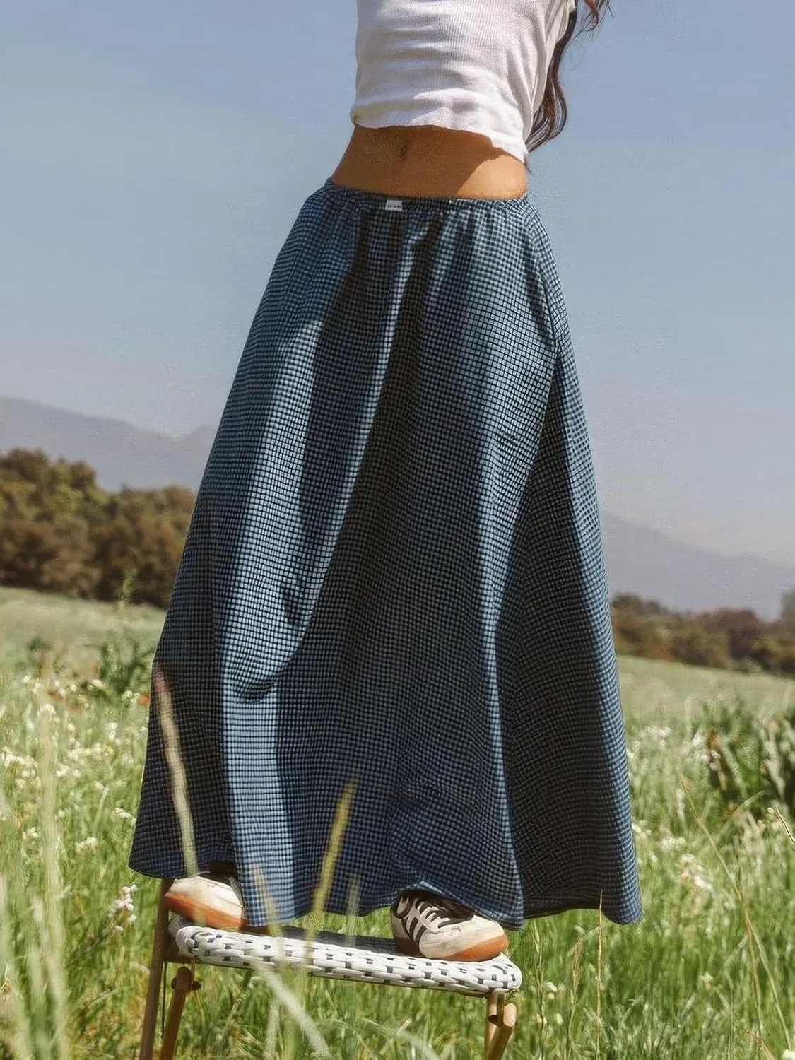 ebossy Women's Retro Plaid Long Skirt Elastic Waist Gingham Flowy Summer A-line Maxi Skirts
