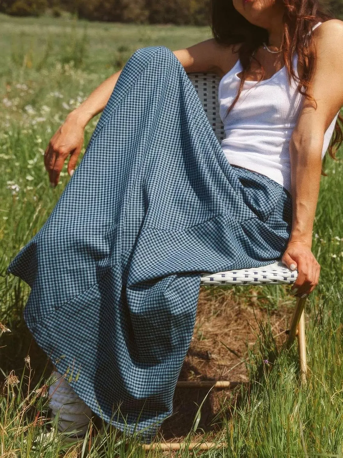 ebossy Women's Retro Plaid Long Skirt Elastic Waist Gingham Flowy Summer A-line Maxi Skirts