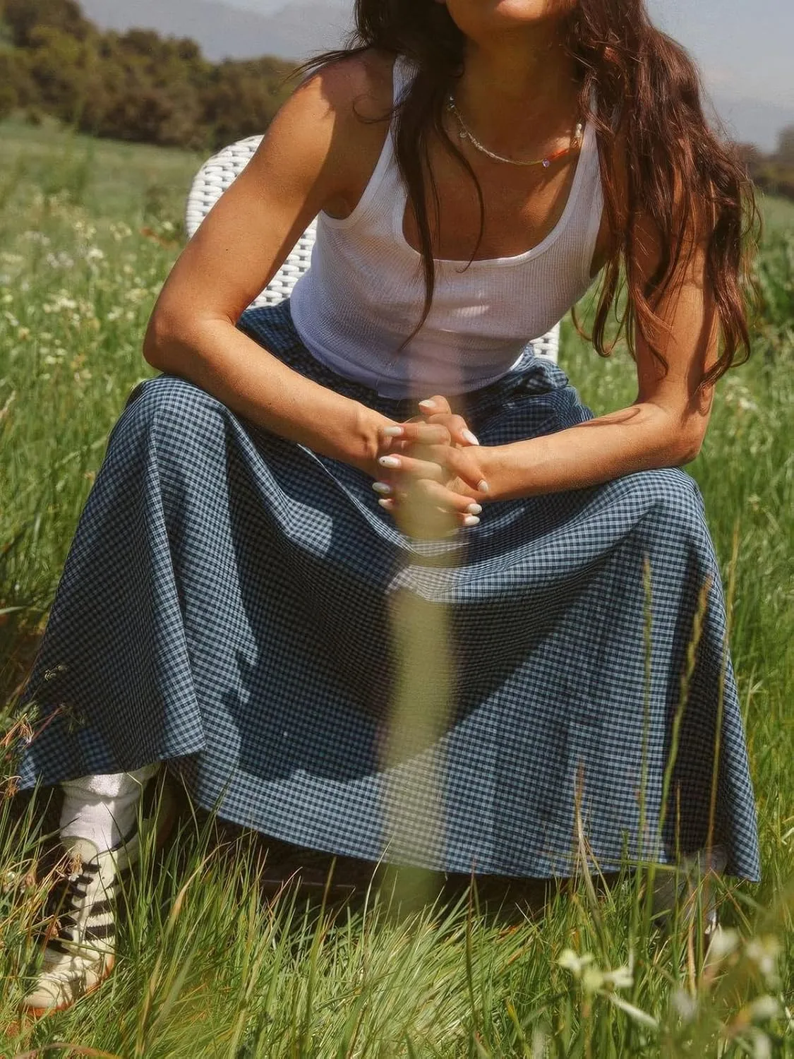 ebossy Women's Retro Plaid Long Skirt Elastic Waist Gingham Flowy Summer A-line Maxi Skirts