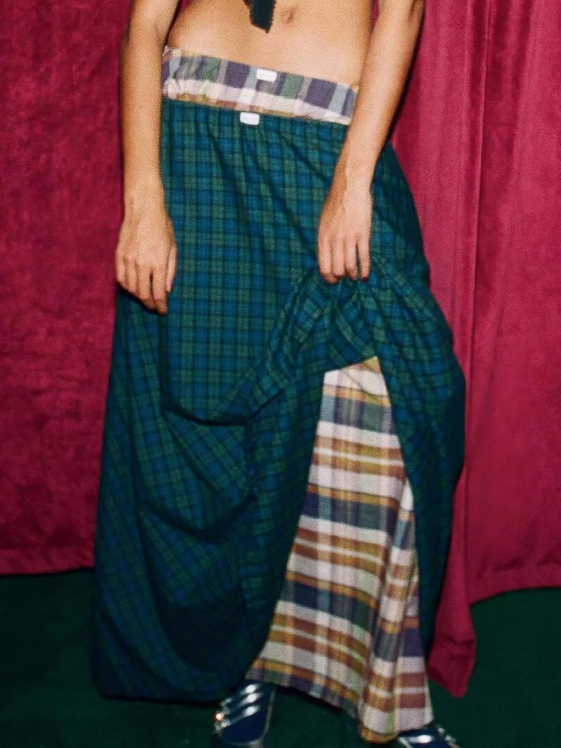 ebossy Women's Retro Plaid Long Skirt Elastic Waist Gingham Flowy Summer A-line Maxi Skirts