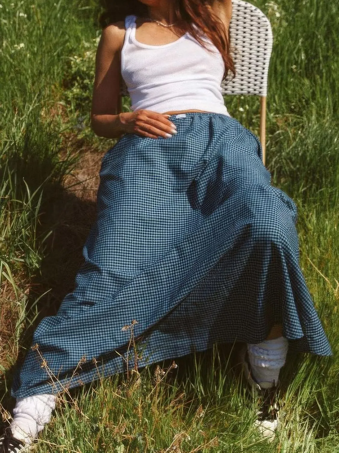 ebossy Women's Retro Plaid Long Skirt Elastic Waist Gingham Flowy Summer A-line Maxi Skirts