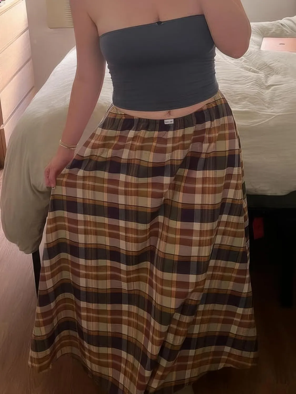 ebossy Women's Retro Plaid Long Skirt Elastic Waist Gingham Flowy Summer A-line Maxi Skirts