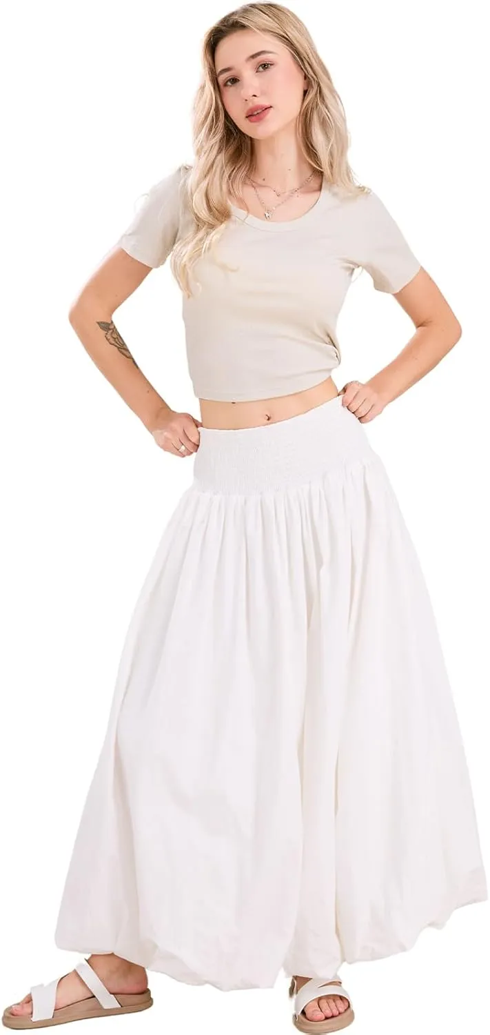 ebossy Women's Smocked High Waist Pleated Solid Color A-Line Flowy Bud Lantern Long Skirt