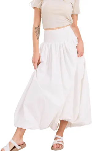 ebossy Women's Smocked High Waist Pleated Solid Color A-Line Flowy Bud Lantern Long Skirt