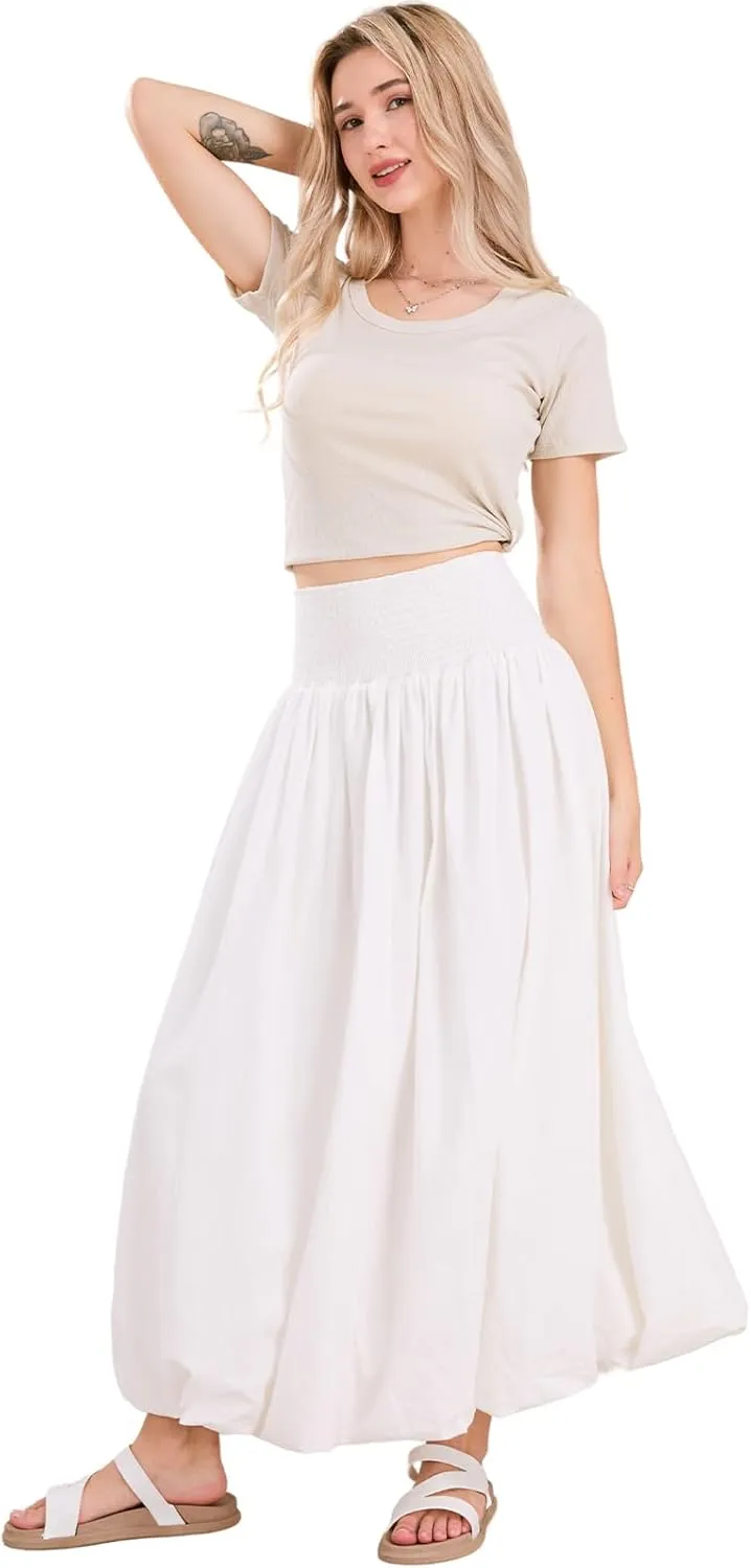 ebossy Women's Smocked High Waist Pleated Solid Color A-Line Flowy Bud Lantern Long Skirt