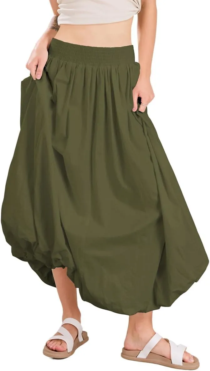 ebossy Women's Smocked High Waist Pleated Solid Color A-Line Flowy Bud Lantern Long Skirt
