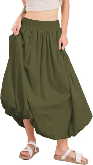 ebossy Women's Smocked High Waist Pleated Solid Color A-Line Flowy Bud Lantern Long Skirt