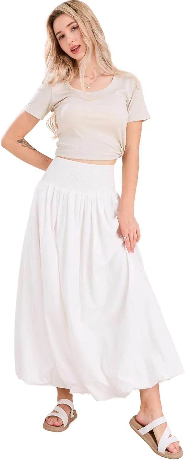 ebossy Women's Smocked High Waist Pleated Solid Color A-Line Flowy Bud Lantern Long Skirt