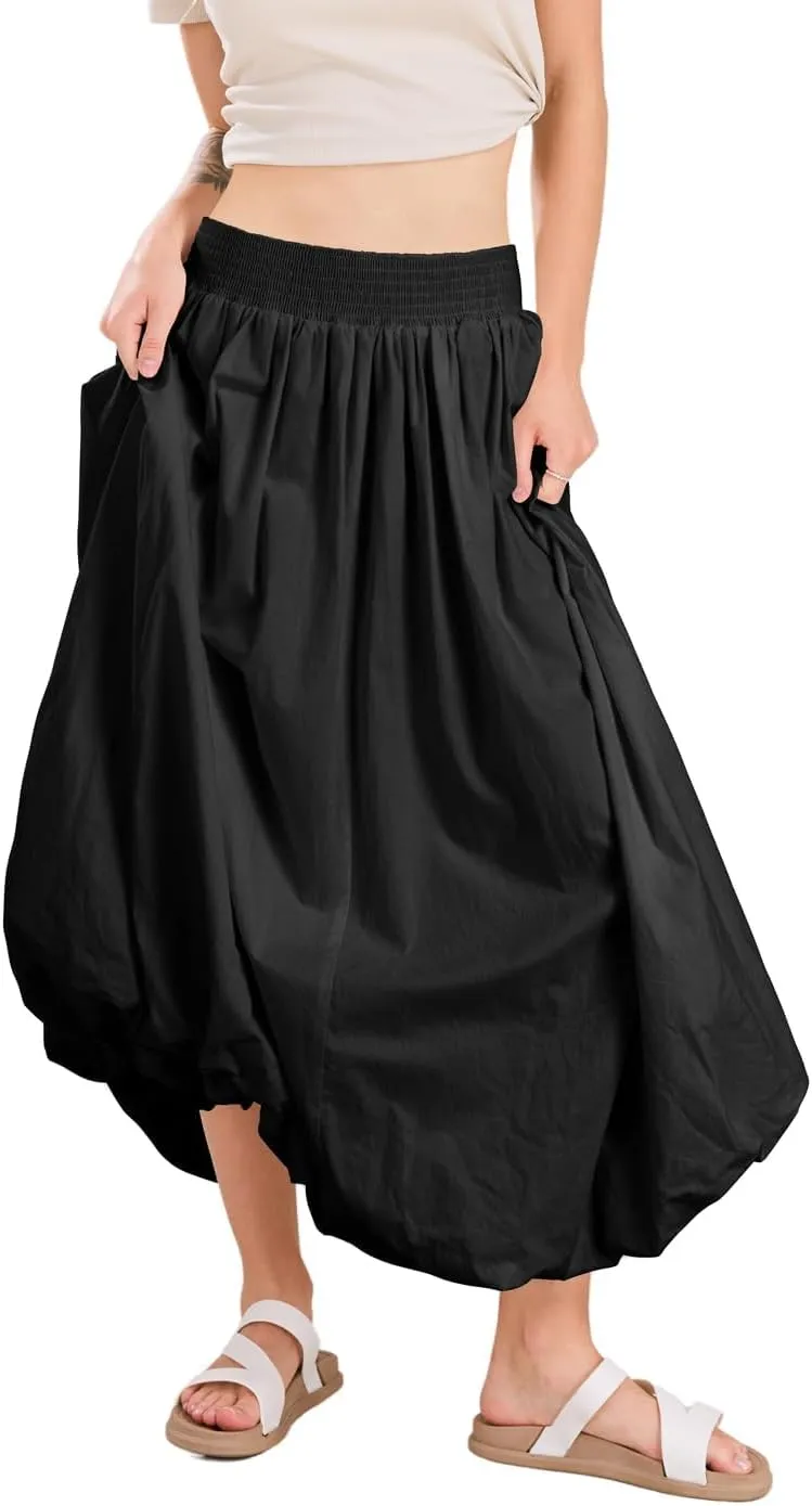 ebossy Women's Smocked High Waist Pleated Solid Color A-Line Flowy Bud Lantern Long Skirt