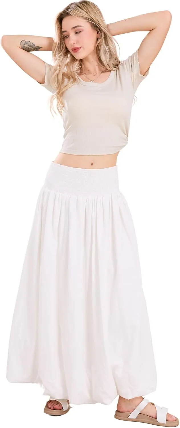ebossy Women's Smocked High Waist Pleated Solid Color A-Line Flowy Bud Lantern Long Skirt