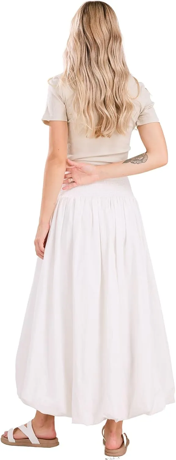 ebossy Women's Smocked High Waist Pleated Solid Color A-Line Flowy Bud Lantern Long Skirt
