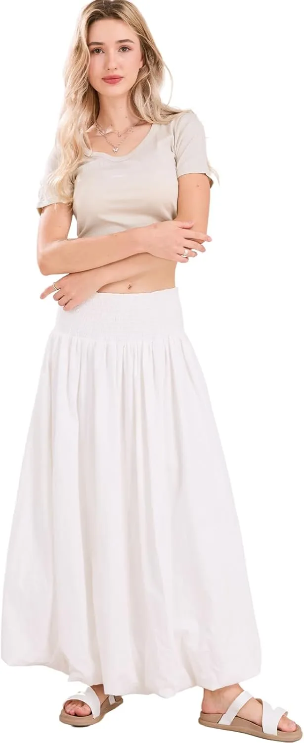 ebossy Women's Smocked High Waist Pleated Solid Color A-Line Flowy Bud Lantern Long Skirt