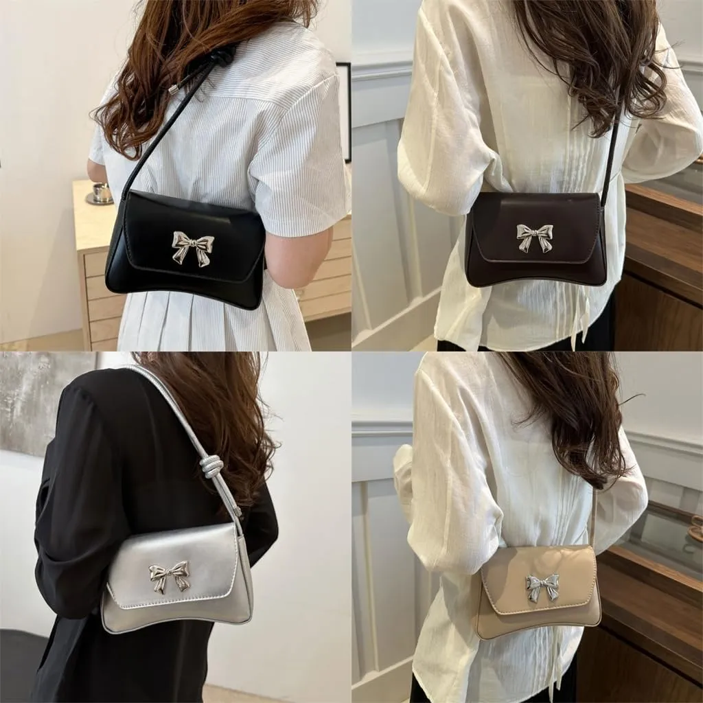 Elegant Shoulder Bag With Bowknot Decoration PU Leather Crossbody Purse Versatile Satchel Underarm Handbag For Women
