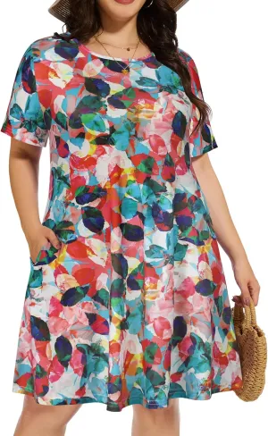 elescat Plus Size Summer Dresses for Women Casual Short Sleeve Pockets Loose Oversized T Shirt Sundress