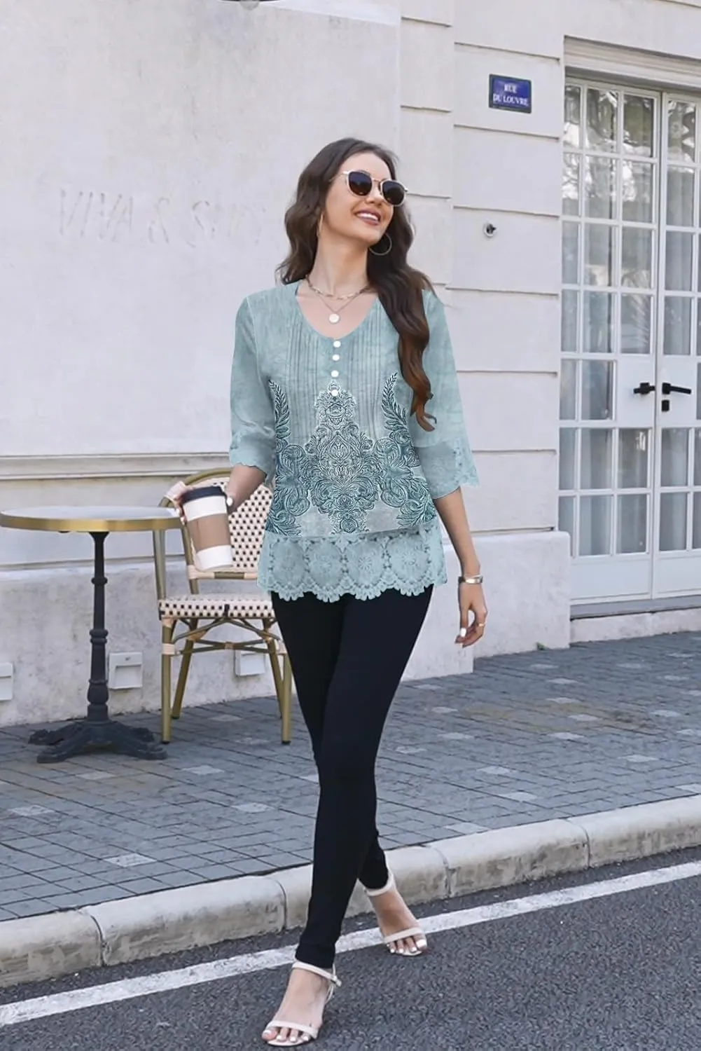 ETCYY Womens Tops Dressy Casual Summer Tops 3/4 Length Sleeve Shirts Spring 2025 Fashion Pleated Tunic Boho Floral Blouses