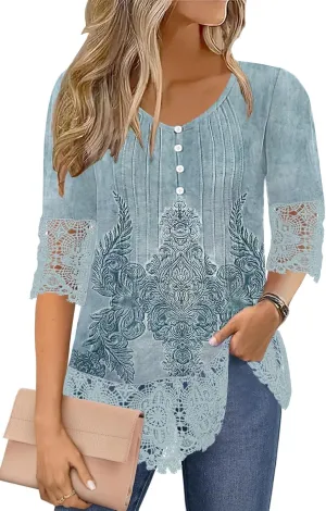 ETCYY Womens Tops Dressy Casual Summer Tops 3/4 Length Sleeve Shirts Spring 2025 Fashion Pleated Tunic Boho Floral Blouses