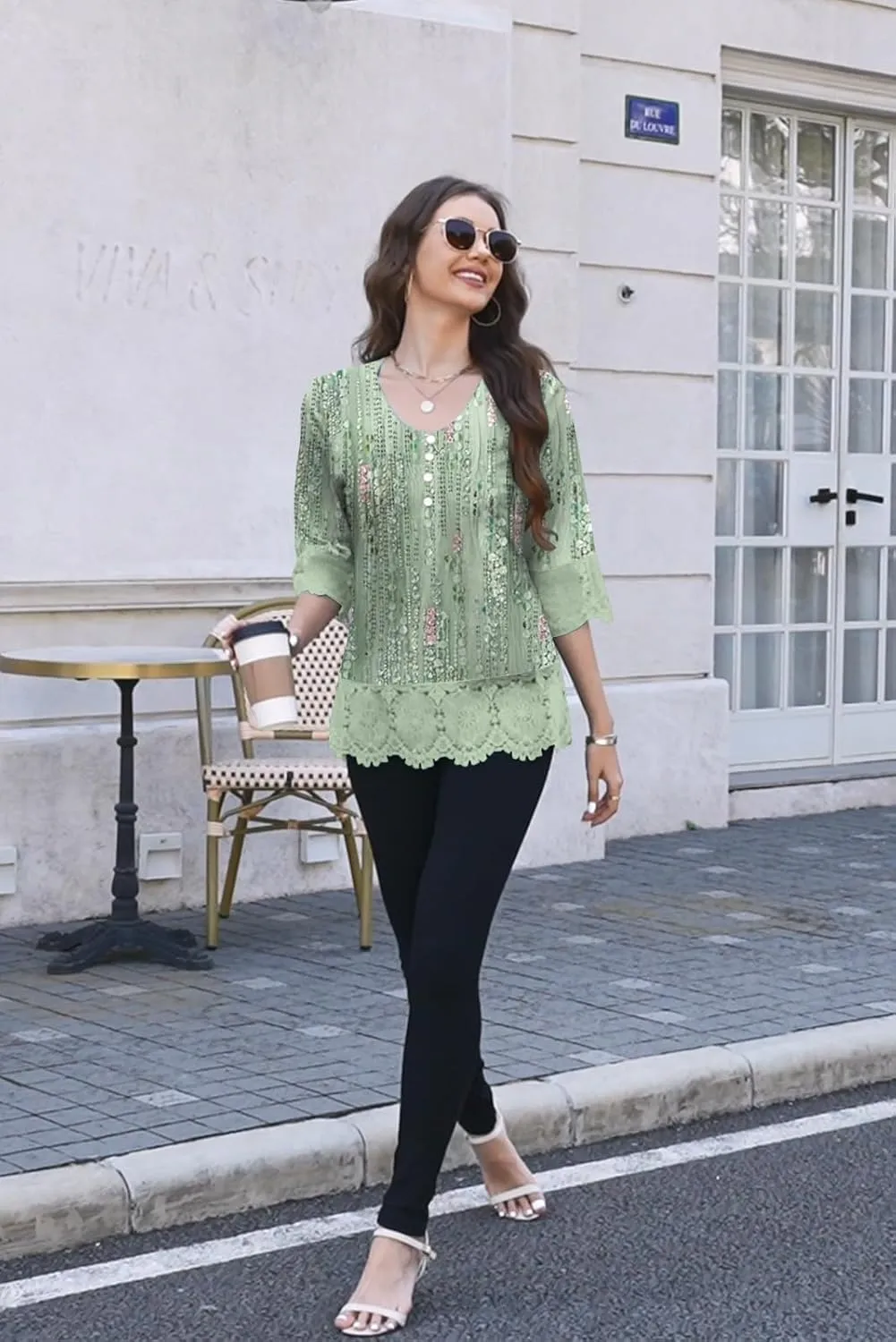 ETCYY Womens Tops Dressy Casual Summer Tops 3/4 Length Sleeve Shirts Spring 2025 Fashion Pleated Tunic Boho Floral Blouses