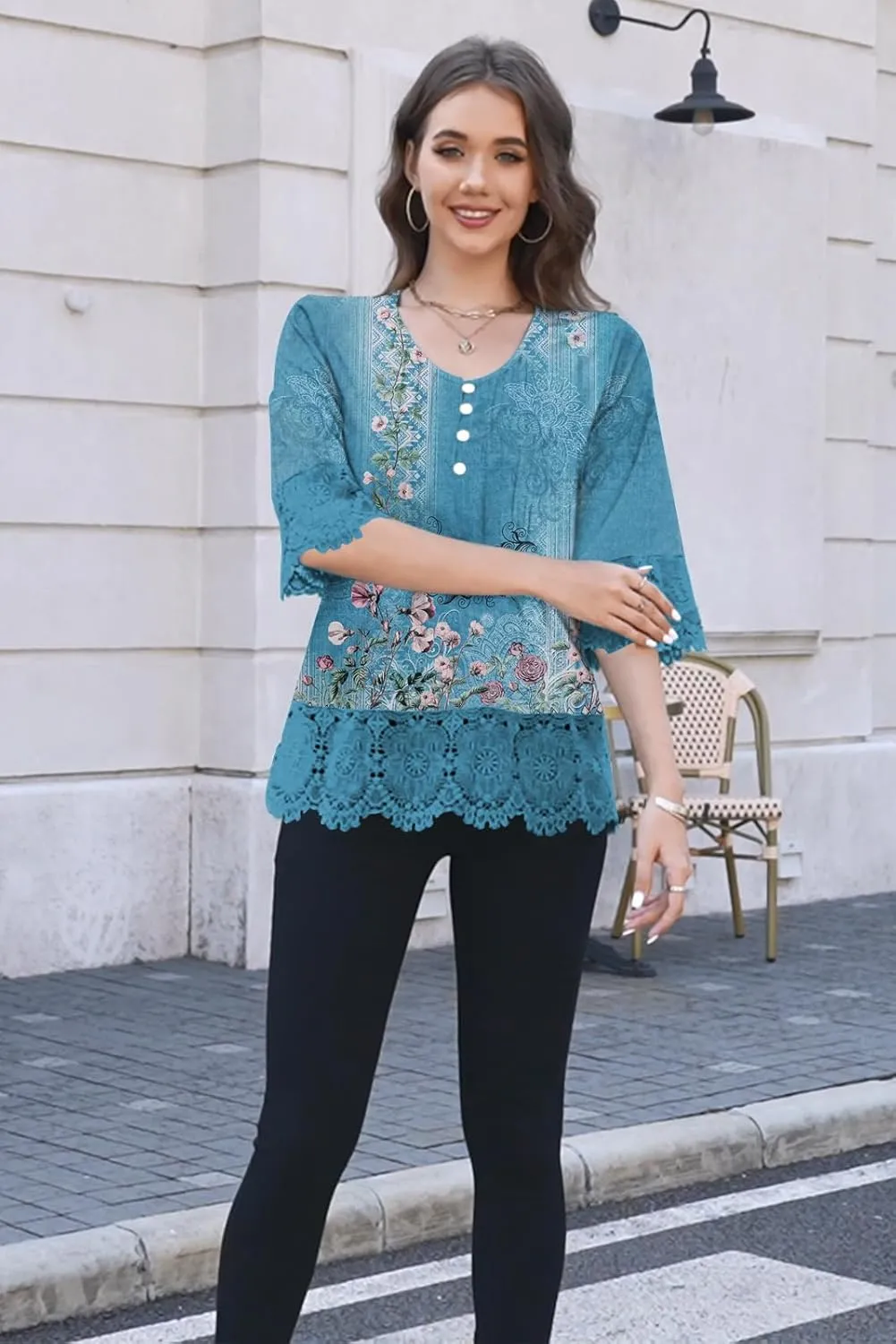 ETCYY Womens Tops Dressy Casual Summer Tops 3/4 Length Sleeve Shirts Spring 2025 Fashion Pleated Tunic Boho Floral Blouses