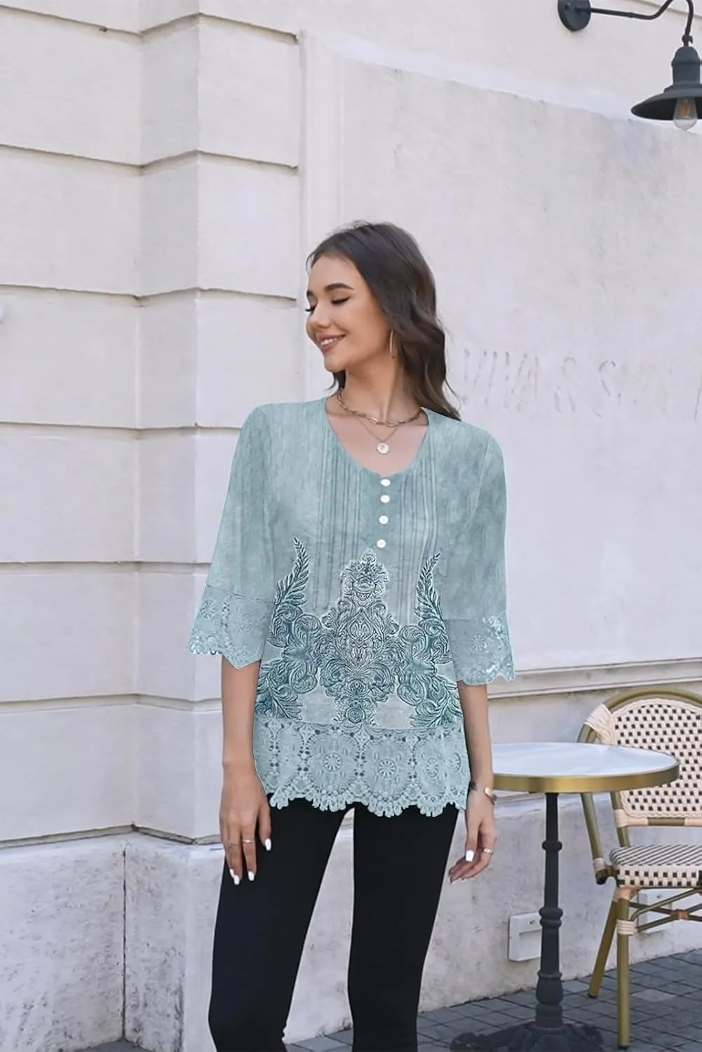 ETCYY Womens Tops Dressy Casual Summer Tops 3/4 Length Sleeve Shirts Spring 2025 Fashion Pleated Tunic Boho Floral Blouses