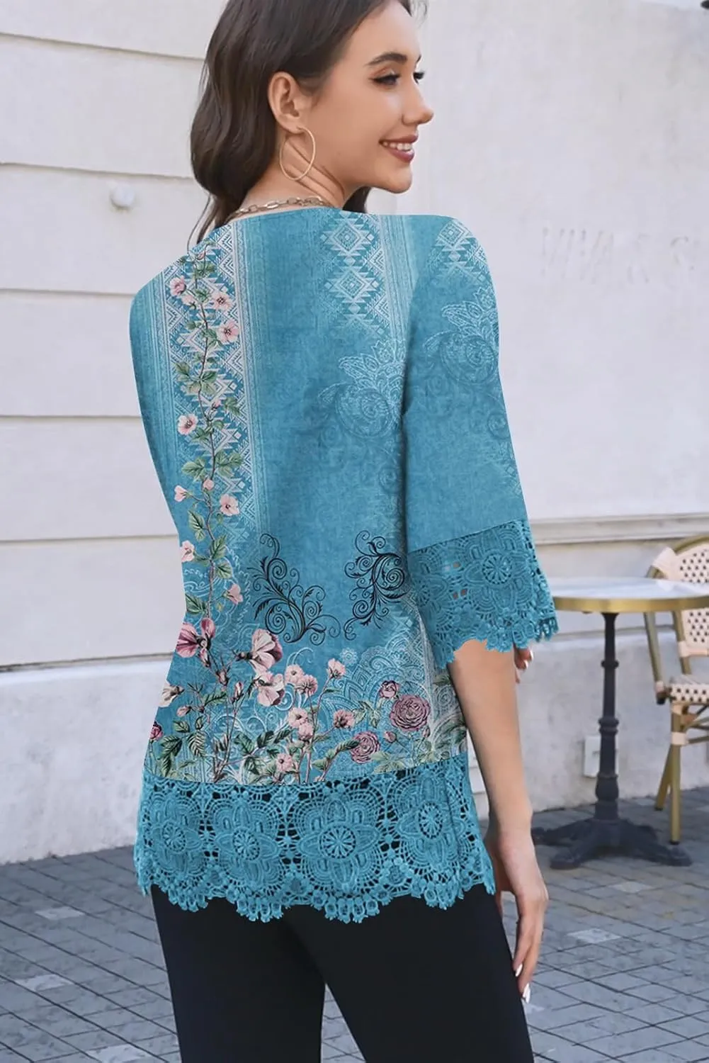 ETCYY Womens Tops Dressy Casual Summer Tops 3/4 Length Sleeve Shirts Spring 2025 Fashion Pleated Tunic Boho Floral Blouses