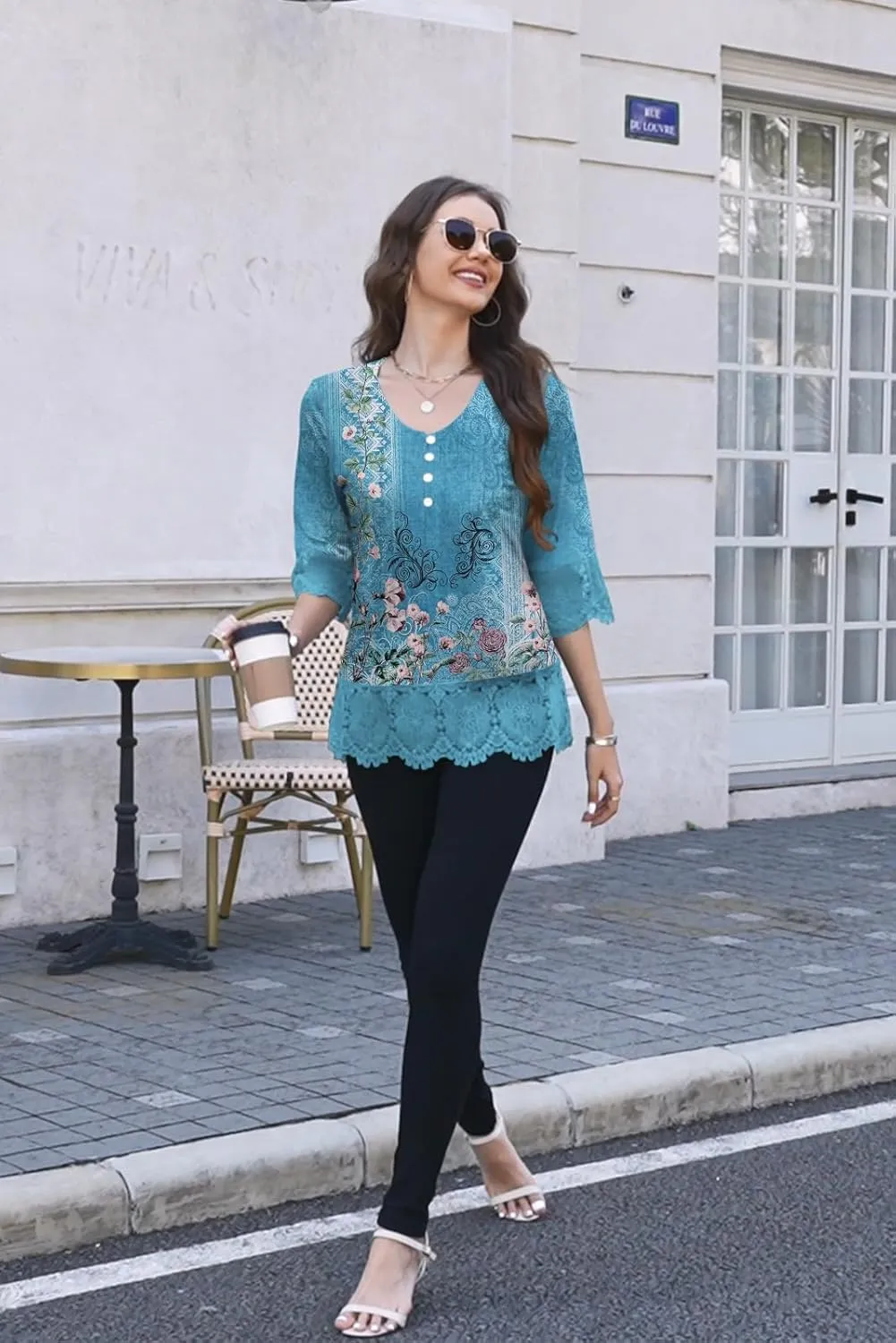 ETCYY Womens Tops Dressy Casual Summer Tops 3/4 Length Sleeve Shirts Spring 2025 Fashion Pleated Tunic Boho Floral Blouses