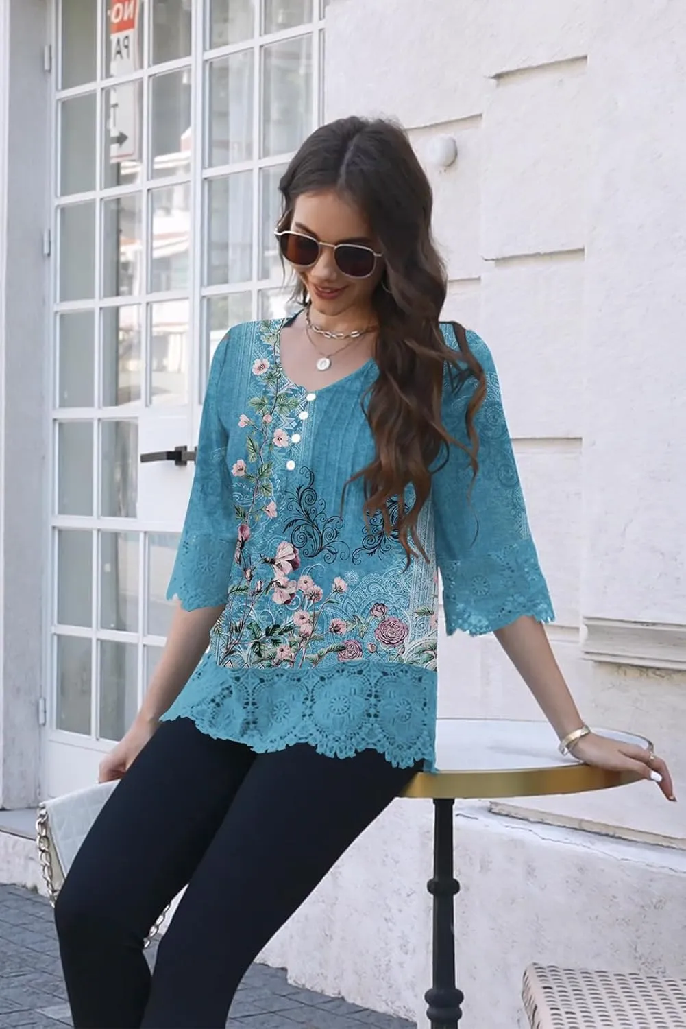 ETCYY Womens Tops Dressy Casual Summer Tops 3/4 Length Sleeve Shirts Spring 2025 Fashion Pleated Tunic Boho Floral Blouses