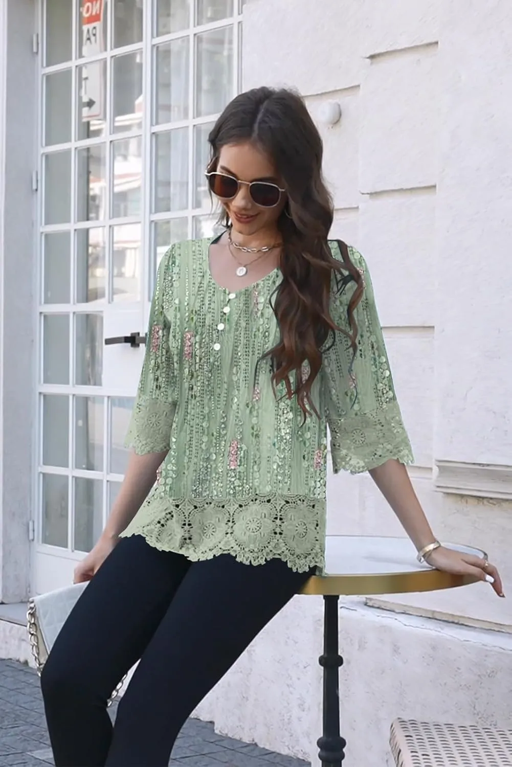 ETCYY Womens Tops Dressy Casual Summer Tops 3/4 Length Sleeve Shirts Spring 2025 Fashion Pleated Tunic Boho Floral Blouses
