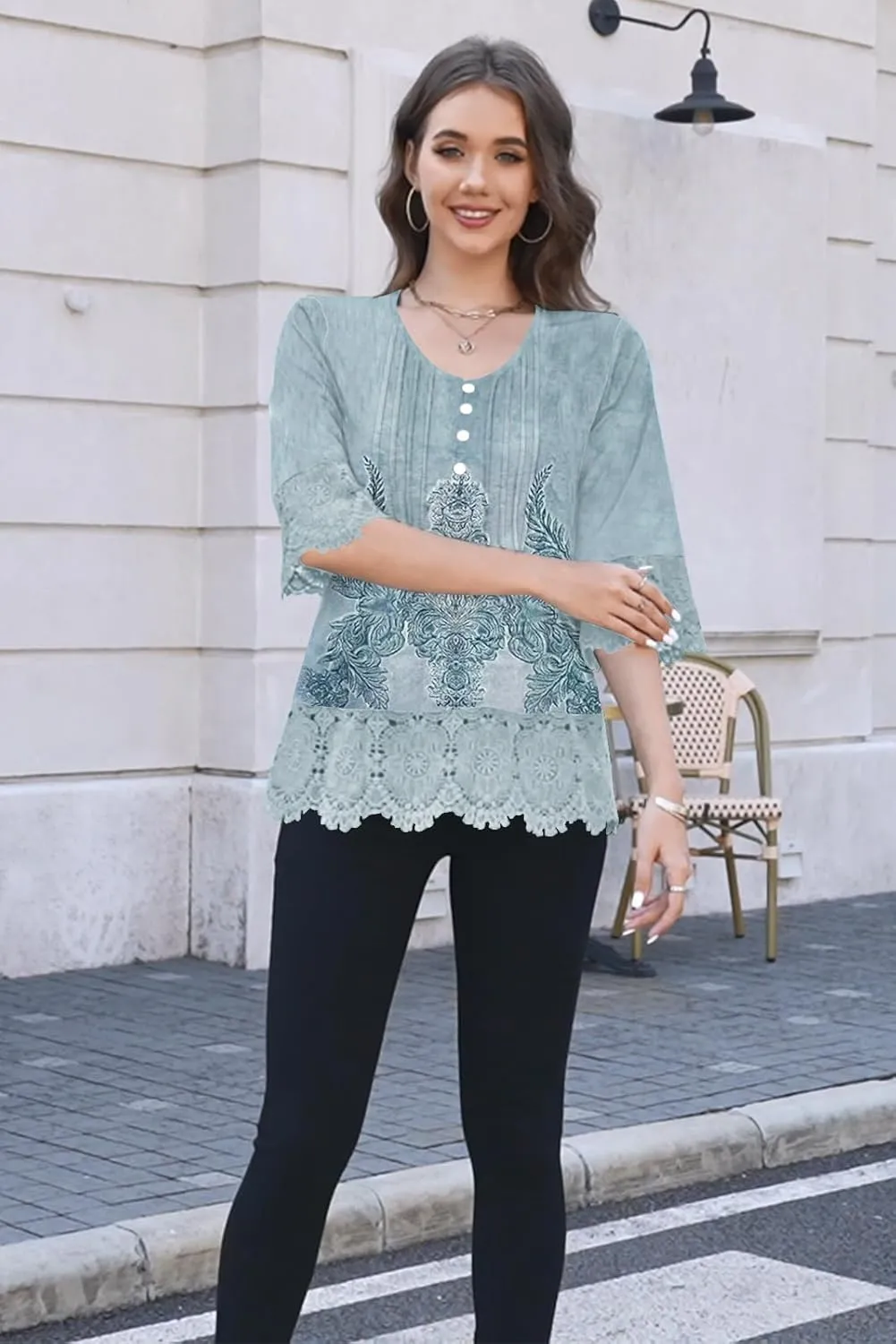 ETCYY Womens Tops Dressy Casual Summer Tops 3/4 Length Sleeve Shirts Spring 2025 Fashion Pleated Tunic Boho Floral Blouses