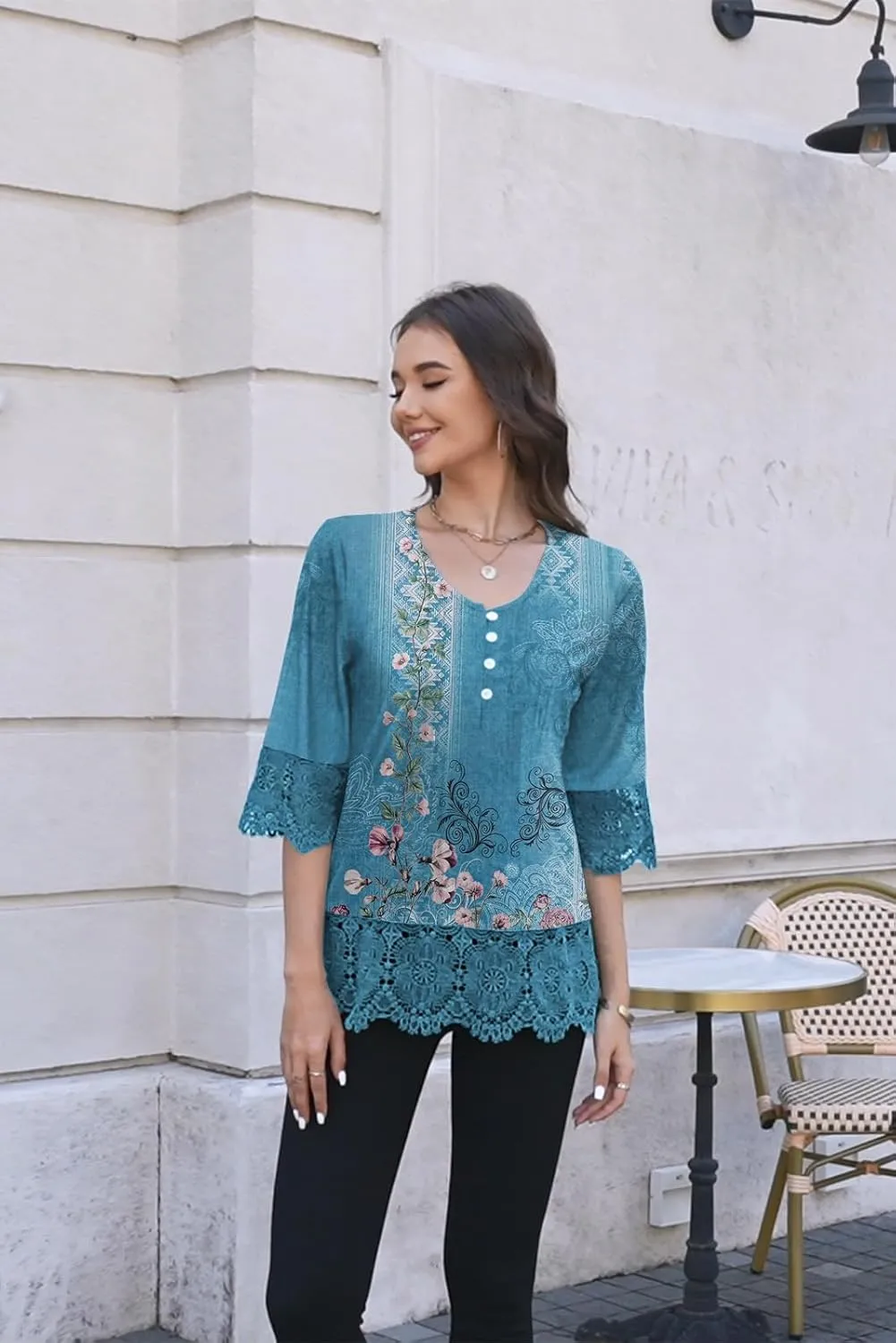 ETCYY Womens Tops Dressy Casual Summer Tops 3/4 Length Sleeve Shirts Spring 2025 Fashion Pleated Tunic Boho Floral Blouses