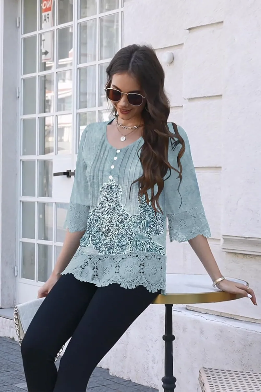 ETCYY Womens Tops Dressy Casual Summer Tops 3/4 Length Sleeve Shirts Spring 2025 Fashion Pleated Tunic Boho Floral Blouses