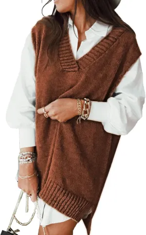 EVALESS Oversized Sweater Vest for Women V Neck Sleeveless Solid Color Loose Pullover Sweater