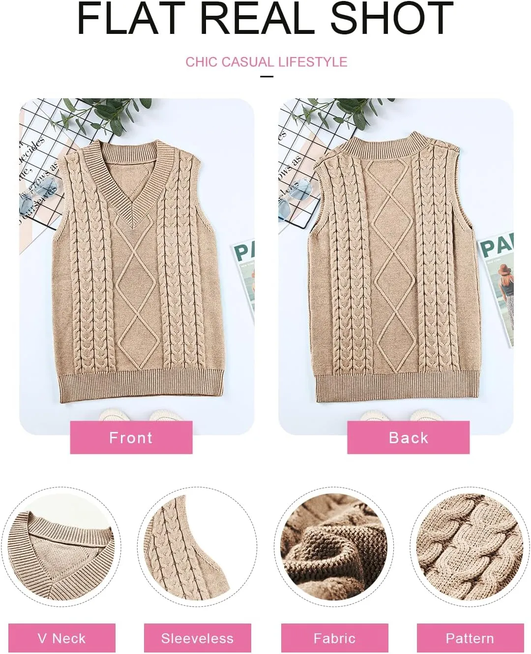 EVALESS Oversized Sweater Vest for Women V Neck Sleeveless Solid Color Loose Pullover Sweater
