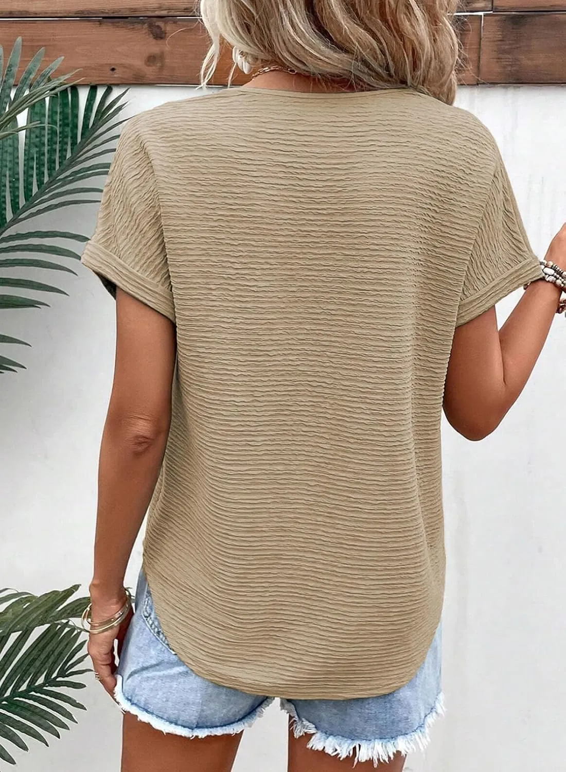 EVALESS Womens Cap Short Sleeve Textured Tops Summer Dressy Casual V Neck Solid Loose Basic T Shirts Tee Blouses