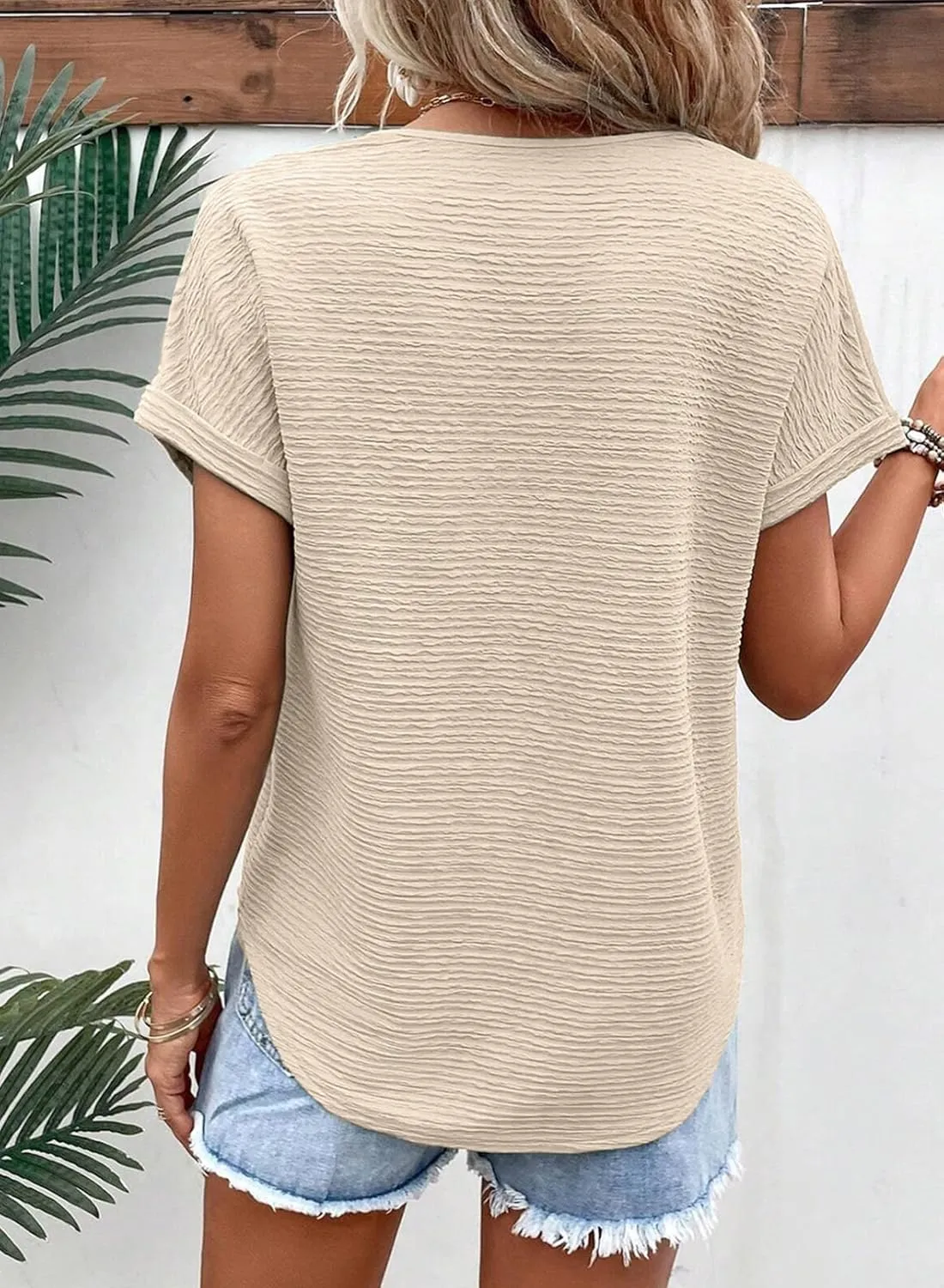 EVALESS Womens Cap Short Sleeve Textured Tops Summer Dressy Casual V Neck Solid Loose Basic T Shirts Tee Blouses