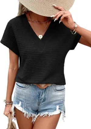 EVALESS Womens Cap Short Sleeve Textured Tops Summer Dressy Casual V Neck Solid Loose Basic T Shirts Tee Blouses