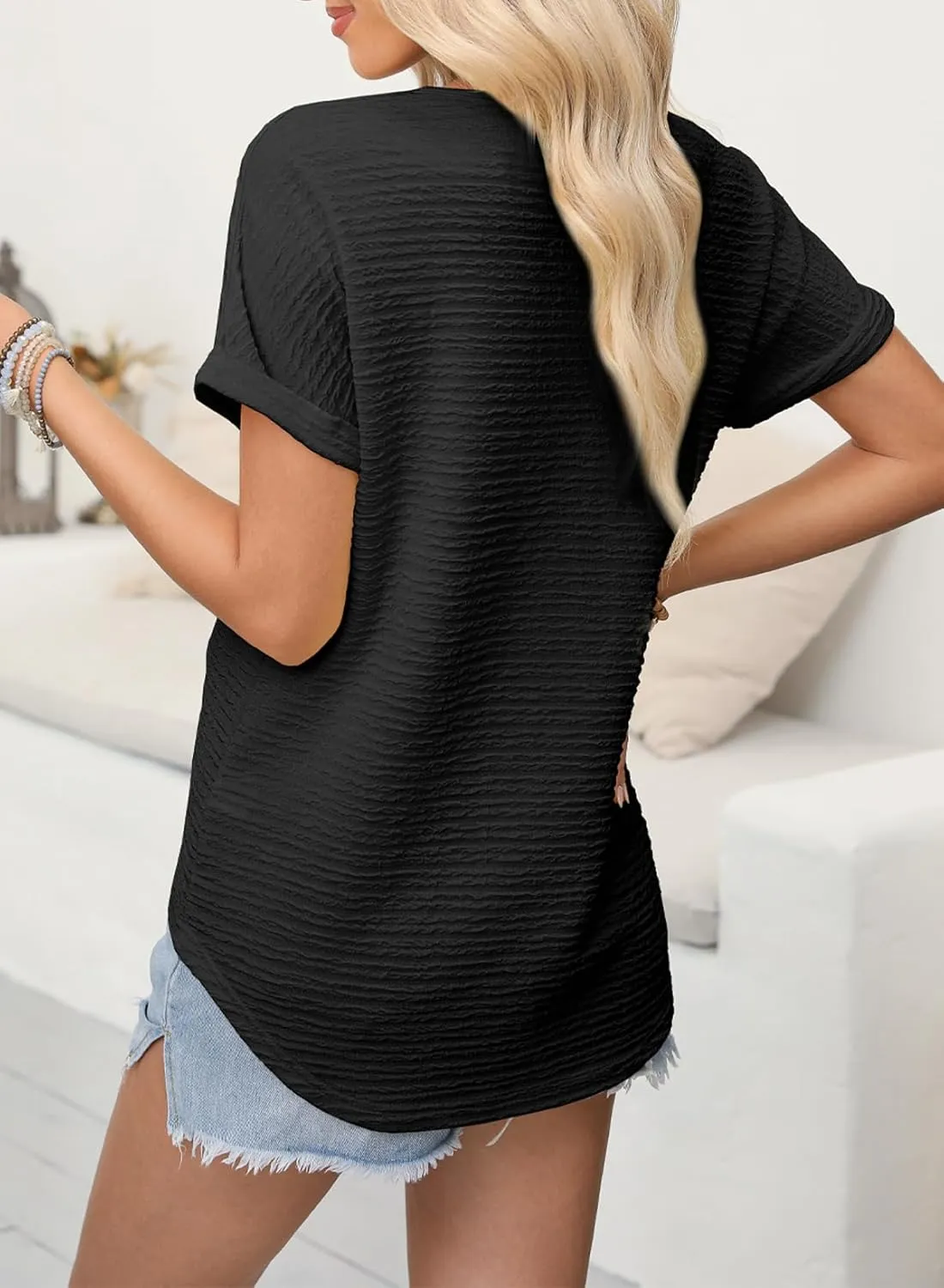 EVALESS Womens Cap Short Sleeve Textured Tops Summer Dressy Casual V Neck Solid Loose Basic T Shirts Tee Blouses