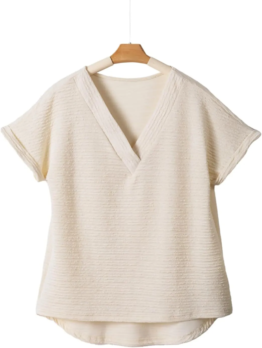 EVALESS Womens Cap Short Sleeve Textured Tops Summer Dressy Casual V Neck Solid Loose Basic T Shirts Tee Blouses