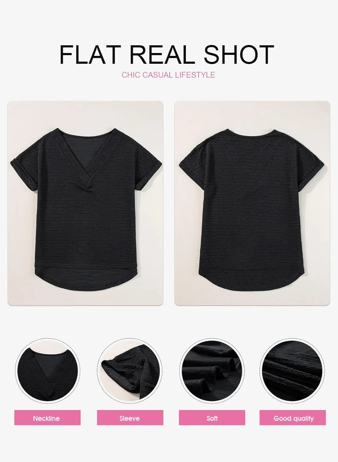 EVALESS Womens Cap Short Sleeve Textured Tops Summer Dressy Casual V Neck Solid Loose Basic T Shirts Tee Blouses