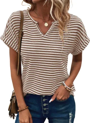 EVALESS Womens Dressy Casual Cap Short Sleeve Tops Trendy Summer V Neck Loose Striped Casual Basic T Shirts Tee Blouses