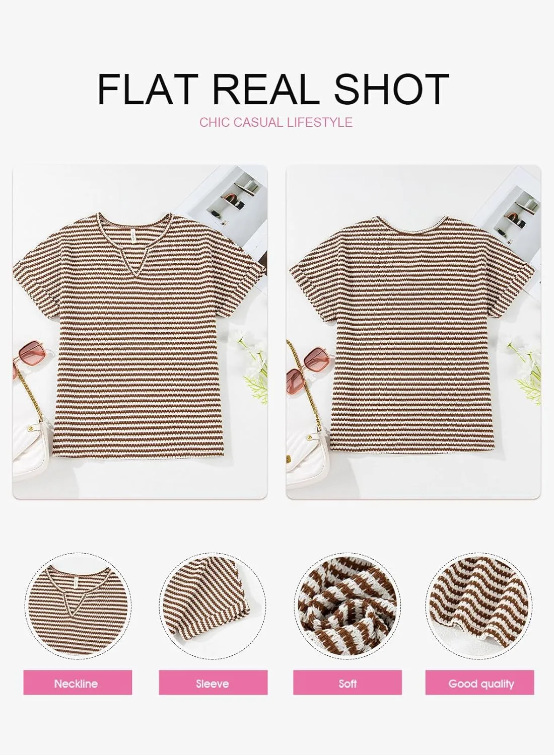 EVALESS Womens Dressy Casual Cap Short Sleeve Tops Trendy Summer V Neck Loose Striped Casual Basic T Shirts Tee Blouses