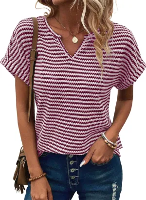 EVALESS Womens Dressy Casual Cap Short Sleeve Tops Trendy Summer V Neck Loose Striped Casual Basic T Shirts Tee Blouses