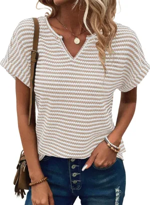 EVALESS Womens Dressy Casual Cap Short Sleeve Tops Trendy Summer V Neck Loose Striped Casual Basic T Shirts Tee Blouses