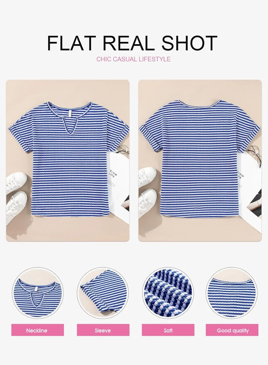 EVALESS Womens Dressy Casual Cap Short Sleeve Tops Trendy Summer V Neck Loose Striped Casual Basic T Shirts Tee Blouses