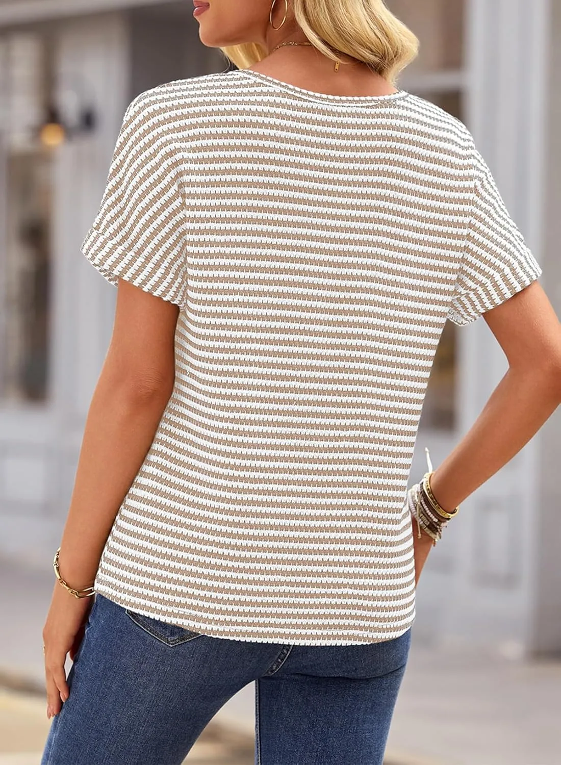 EVALESS Womens Dressy Casual Cap Short Sleeve Tops Trendy Summer V Neck Loose Striped Casual Basic T Shirts Tee Blouses