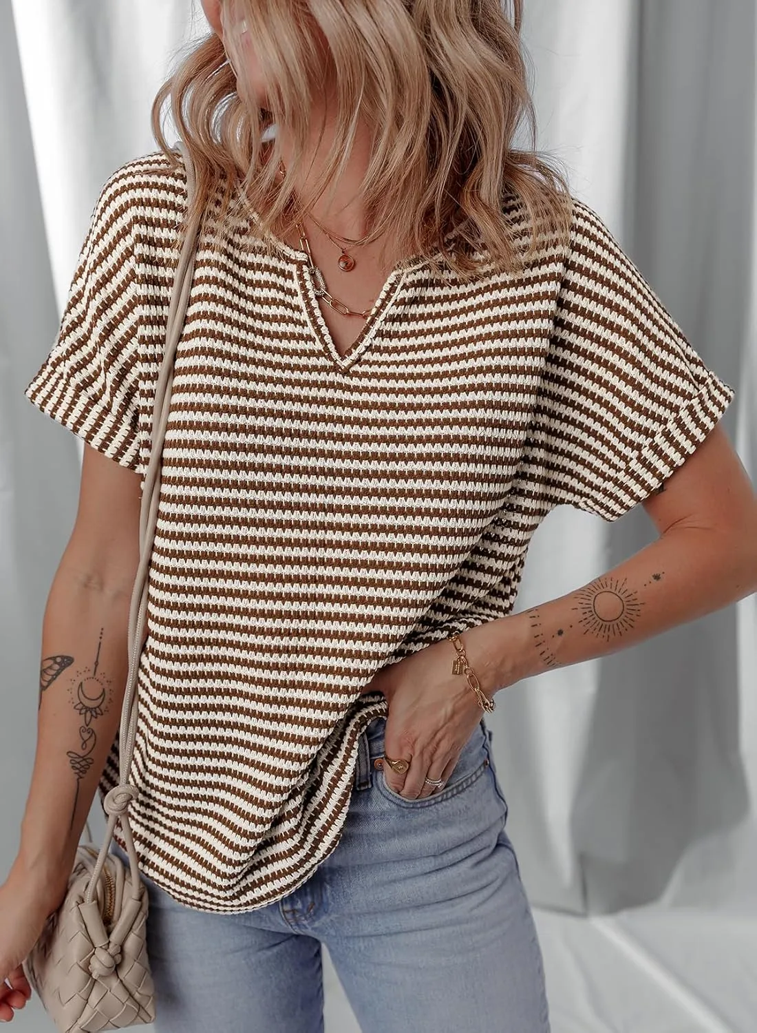 EVALESS Womens Dressy Casual Cap Short Sleeve Tops Trendy Summer V Neck Loose Striped Casual Basic T Shirts Tee Blouses