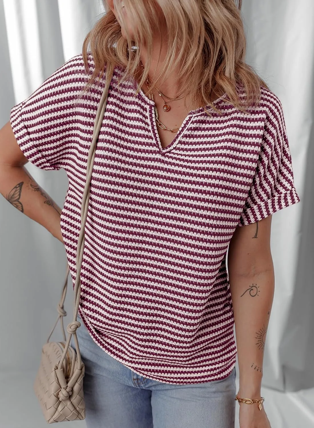 EVALESS Womens Dressy Casual Cap Short Sleeve Tops Trendy Summer V Neck Loose Striped Casual Basic T Shirts Tee Blouses