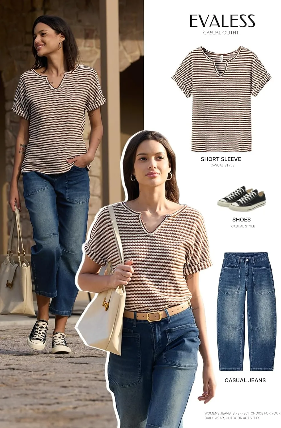 EVALESS Womens Dressy Casual Cap Short Sleeve Tops Trendy Summer V Neck Loose Striped Casual Basic T Shirts Tee Blouses